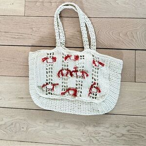 Cream Crochet Tote Bag with Red Accent